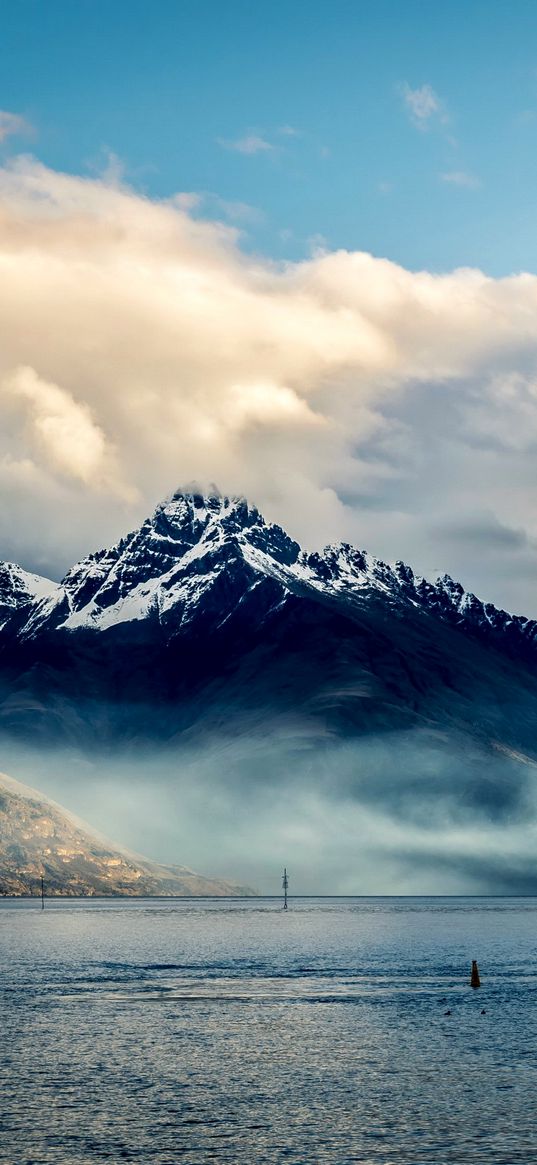 new zealand, sea, mountains, sky, clouds