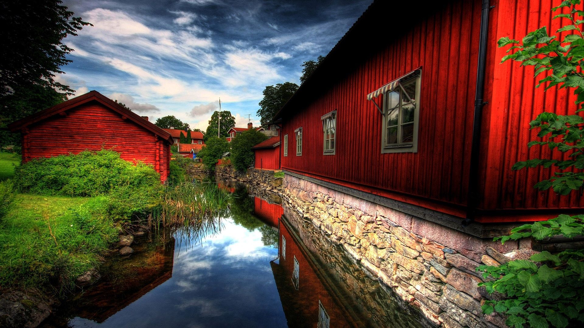 house, red, river, grass, summer