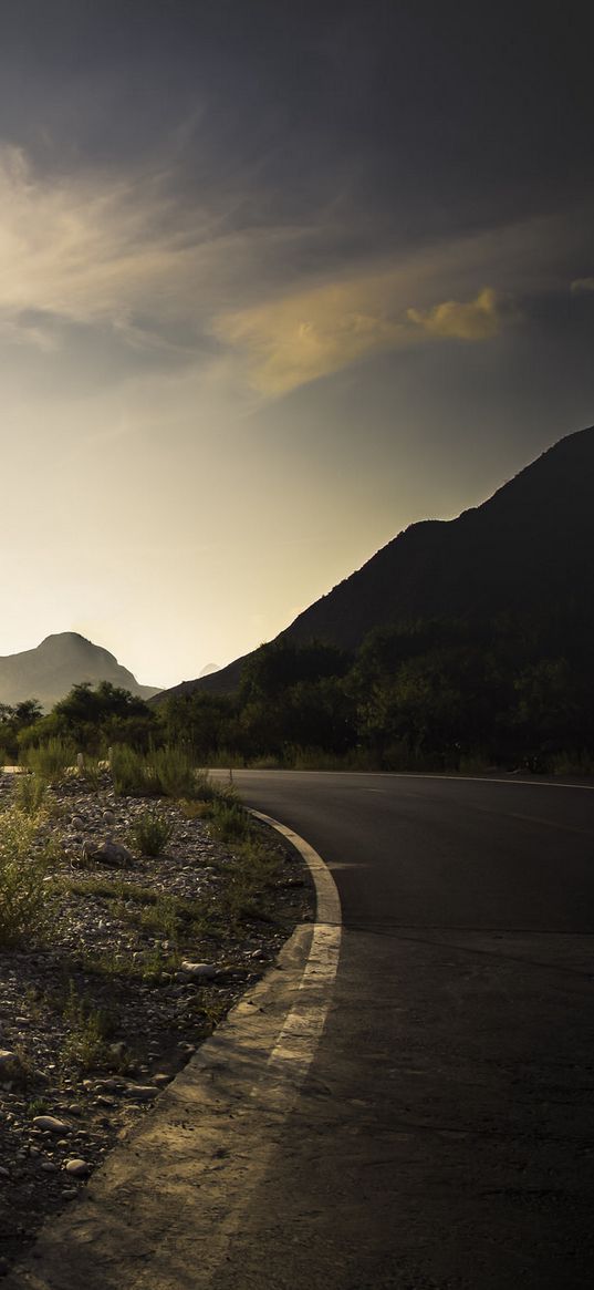 road, grass, counting, dawn, mountains