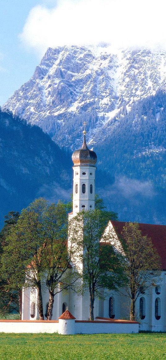 church, mountains, grass, trees, country