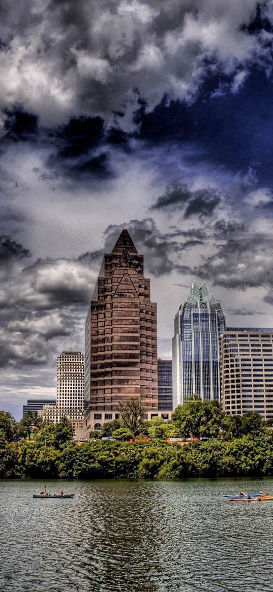 buildings, skyscrapers, river, trees, city, hdr