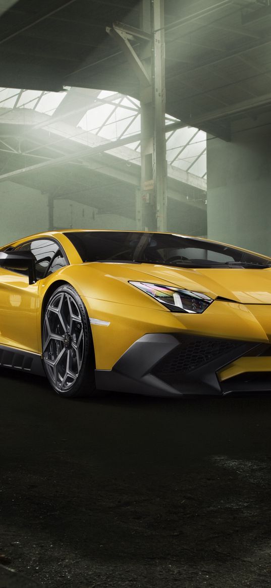 lamborghini, aventador, yellow, side view