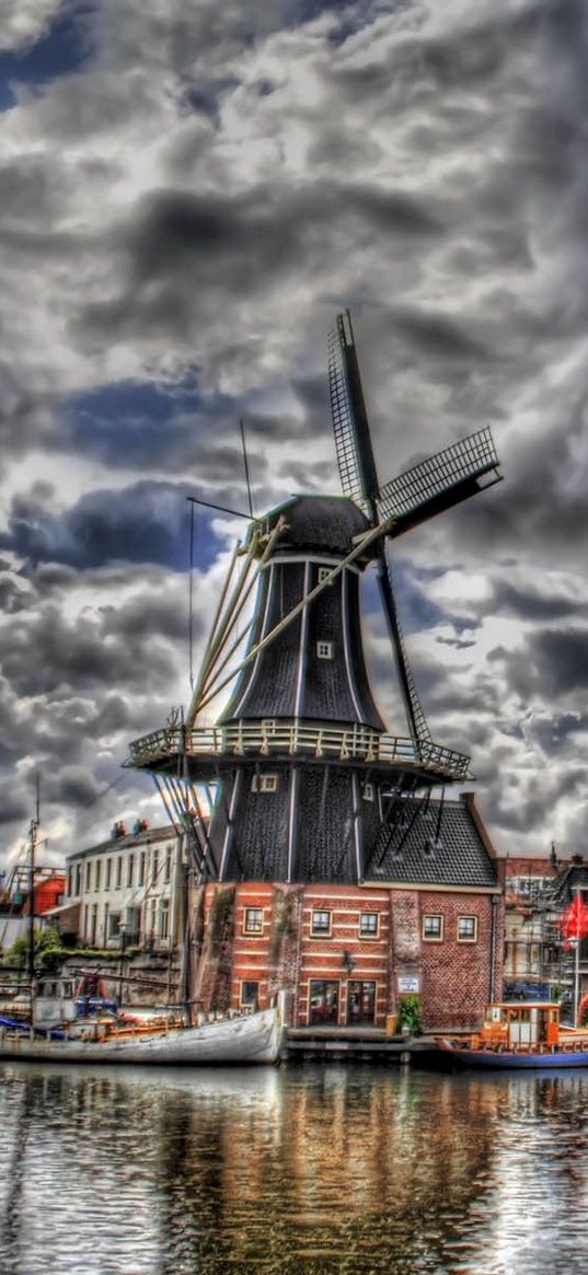 mill, river, homes, landscape, hdr