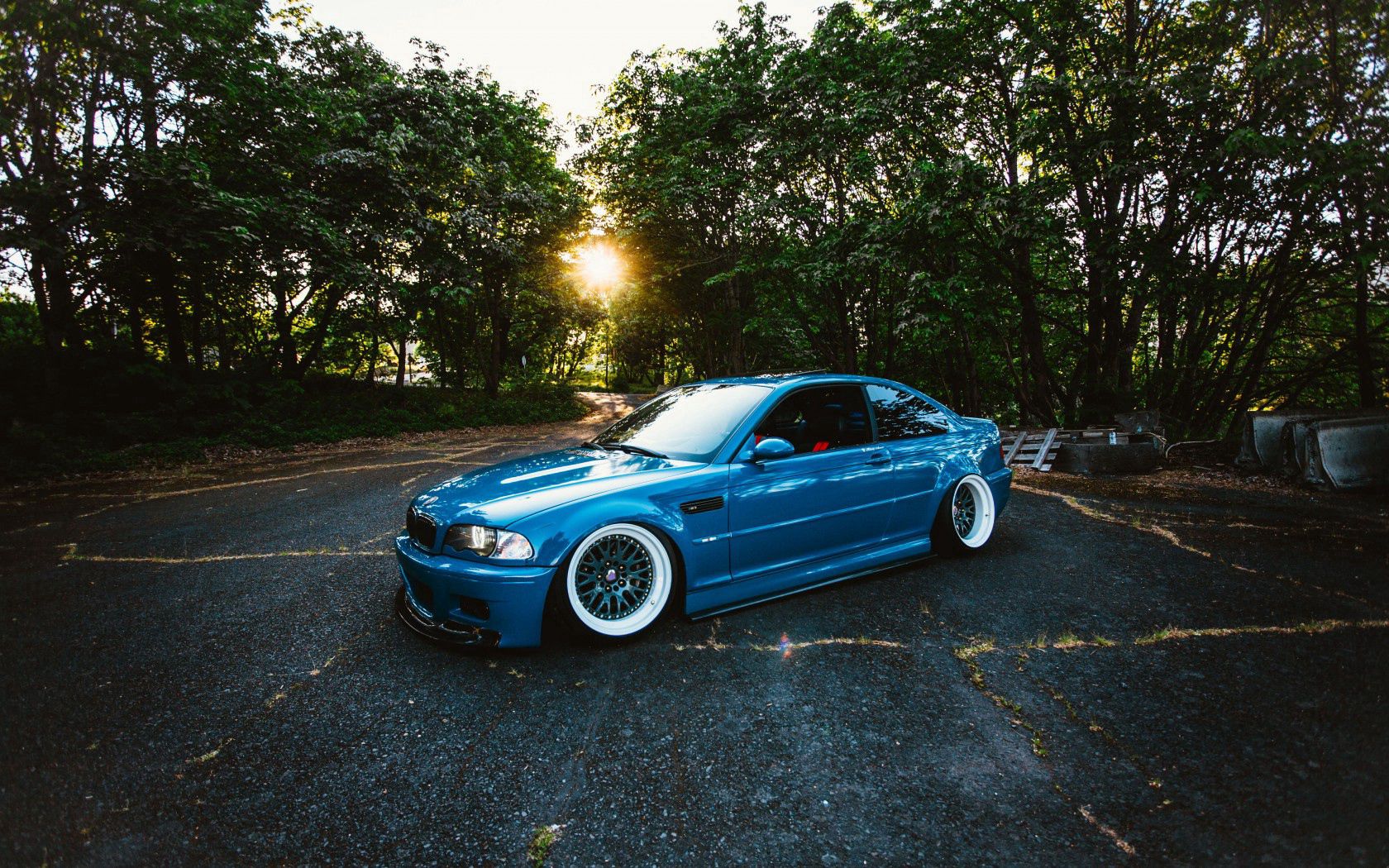 bmw, m3, blue, side view, trees