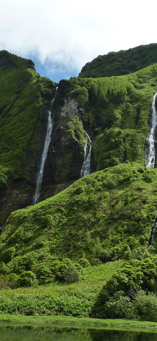 azores, portugal, waterfalls, trees, grass