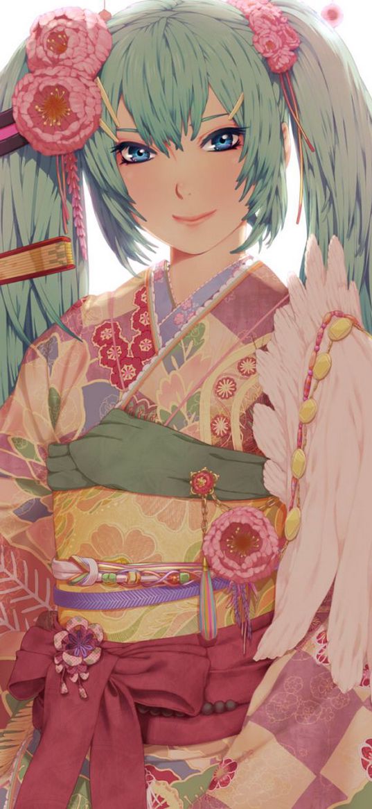 girl, kimono, fan, smile, moon, lantern