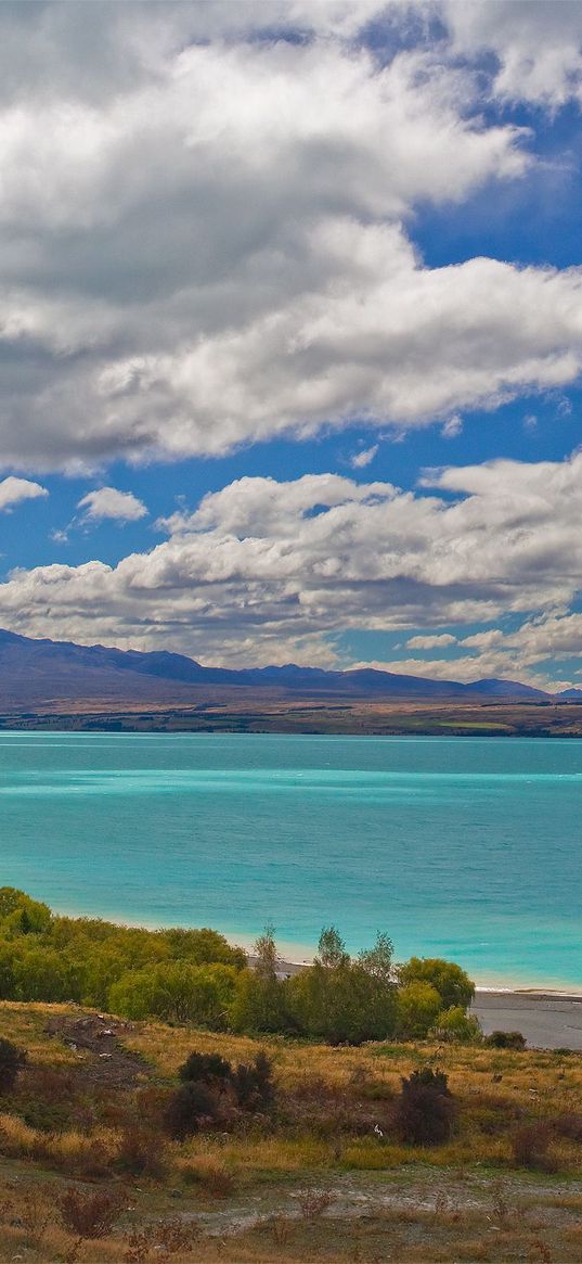 gulf, mountains, trees, water, clouds, sky