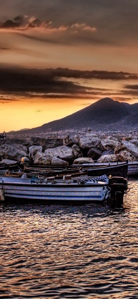 boat, rocks, bird, mountain, river, hdr