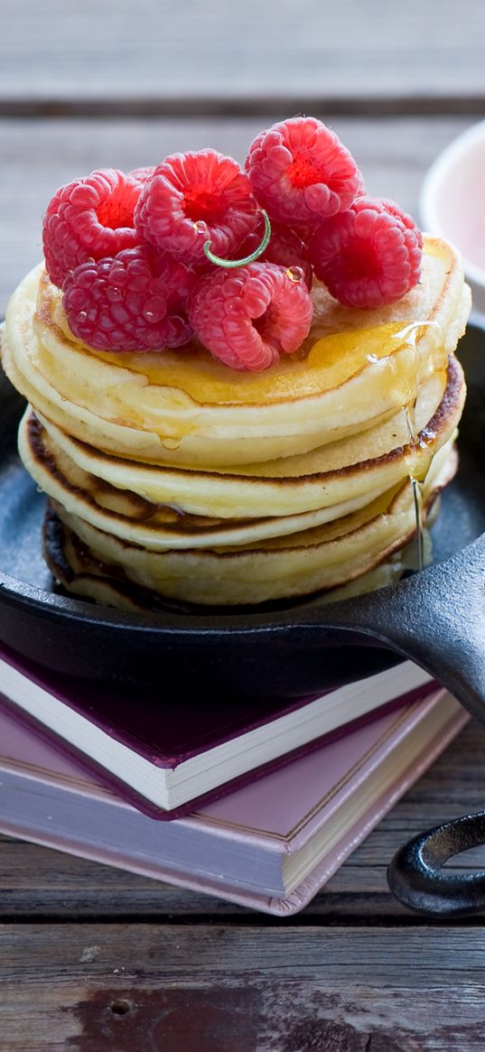 pancakes, raspberry, honey