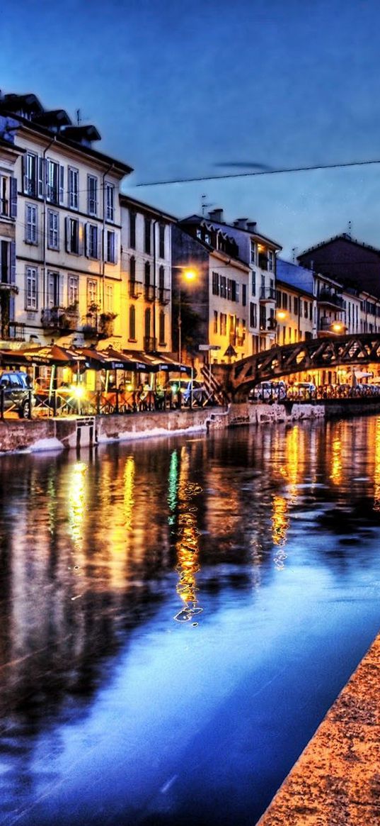 quay, cafes, river, bridge, buildings, people, night, hdr