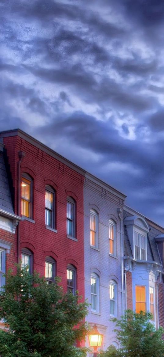 houses, roofs, light, windows, trees, hdr