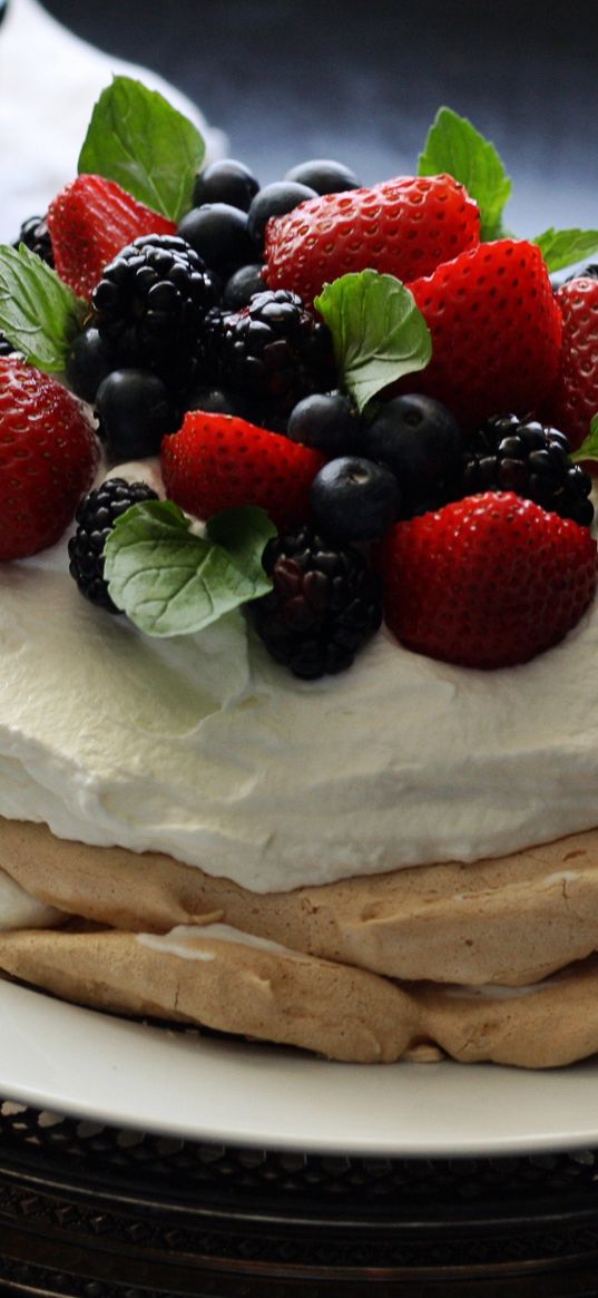 cake, berries, cream, blueberries, blackberries, strawberries