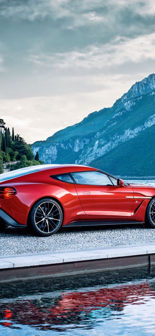 aston martin, vanquish, red, side view, mountain, lake