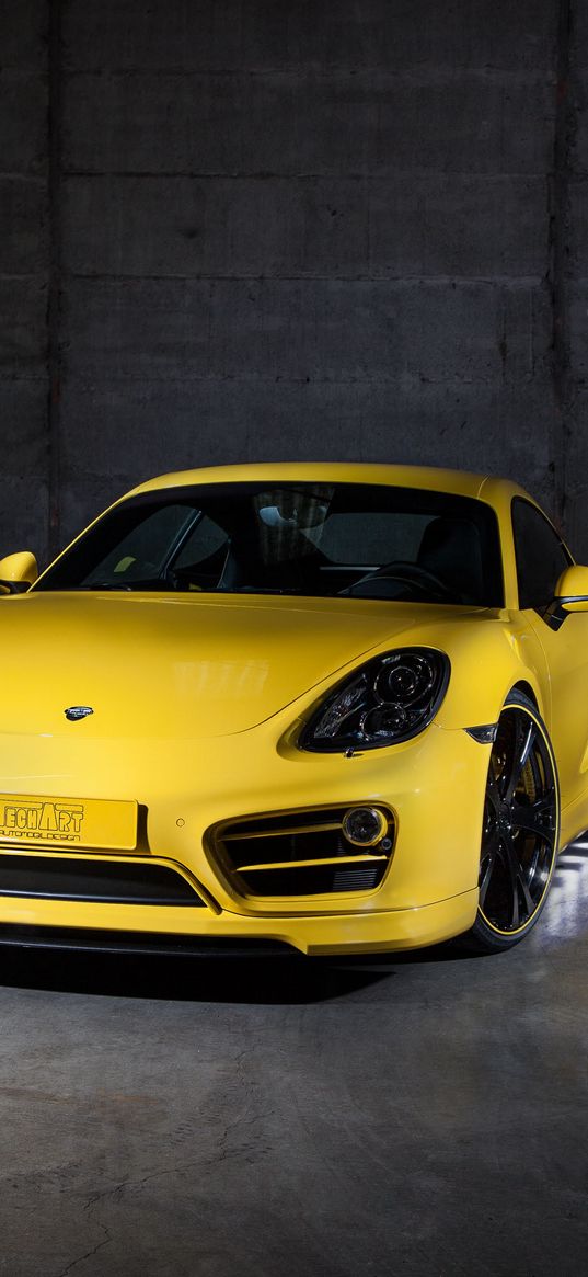 porsche, cayman, yellow, front view