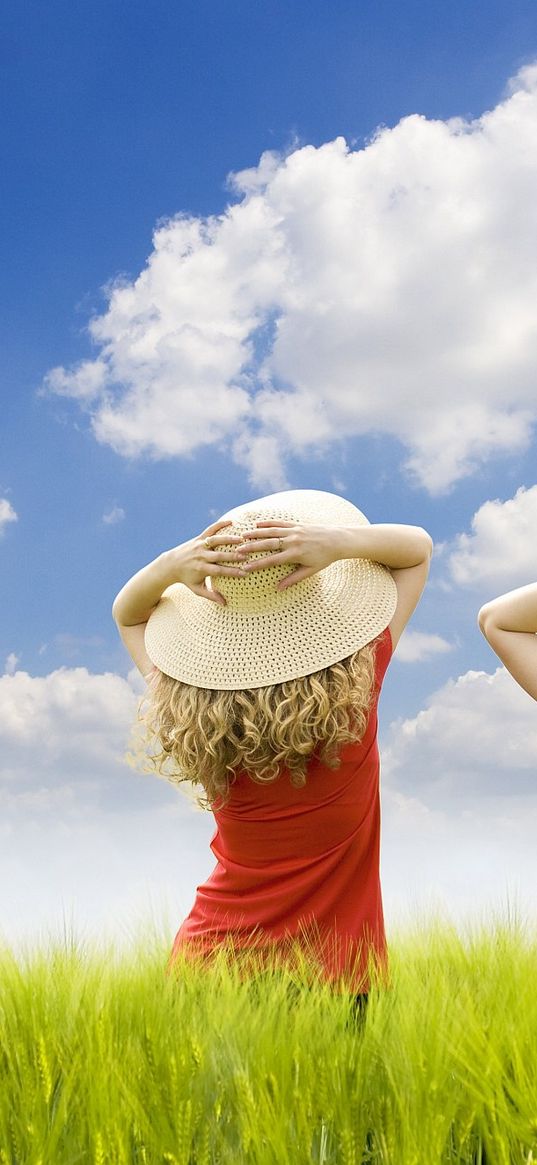 children, field, girls, hats, air, grass, sky