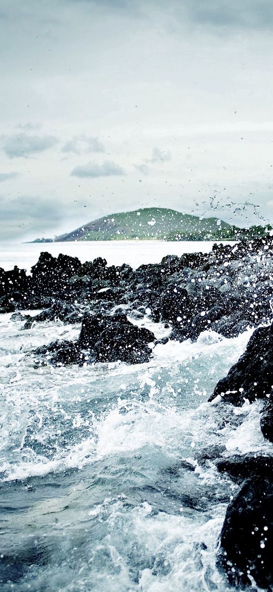 ocean, stones, water, storm, cold, splashes