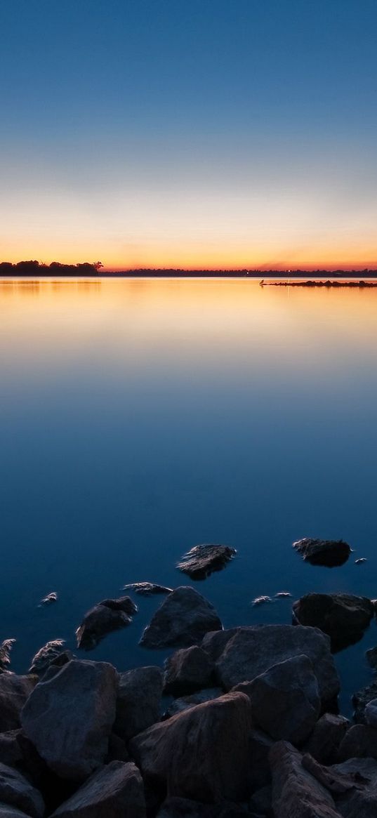 stones, water, decline, lake, evening