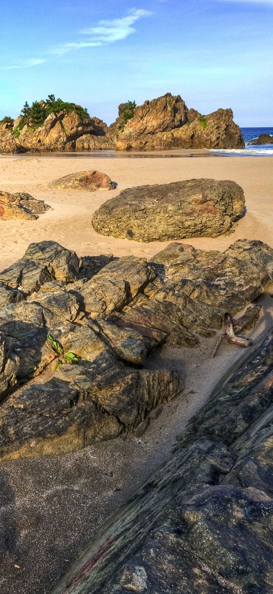 stones, blocks, coast, sand, sea