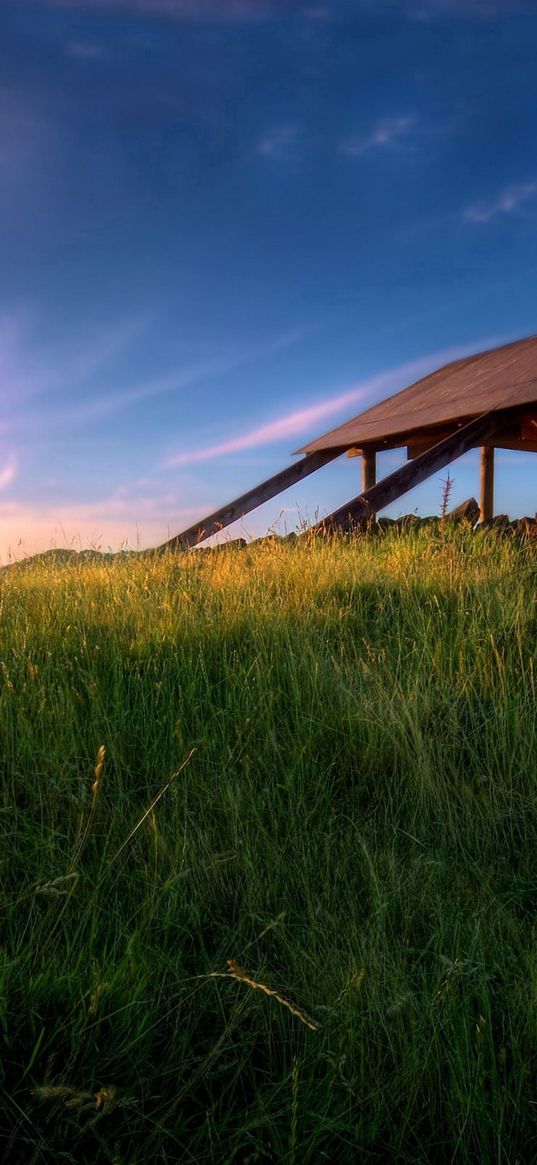 structure, grass, greens, field, morning