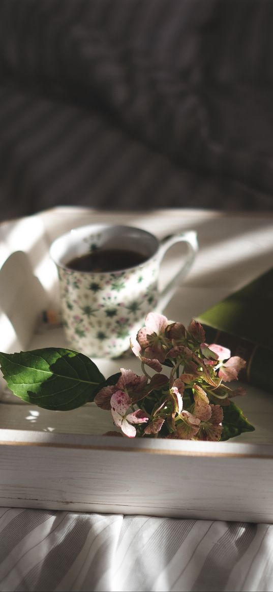 tray, book, cup, flower, bed, morning