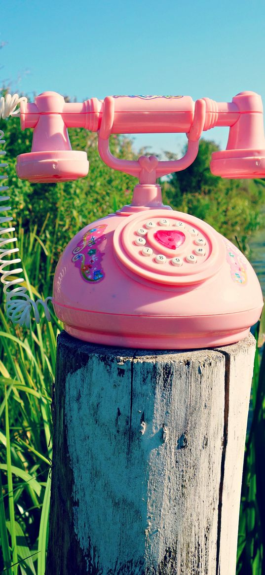 telephone, toy, grass, river, trees