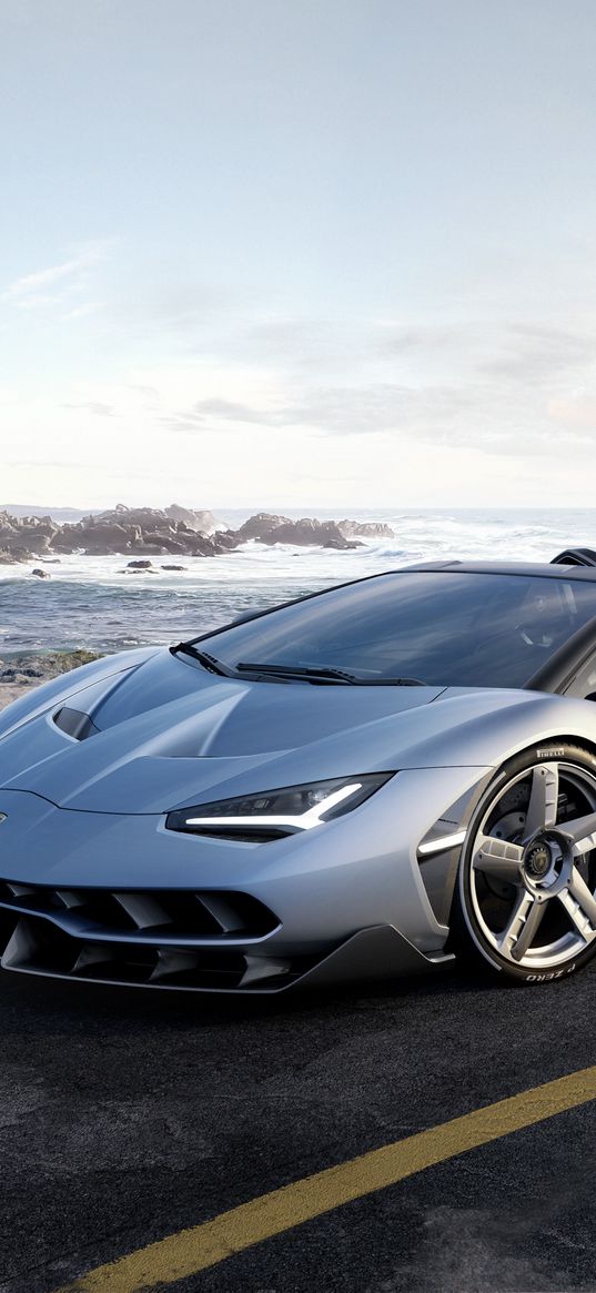 lamborghini, roadster, road, sea, stones