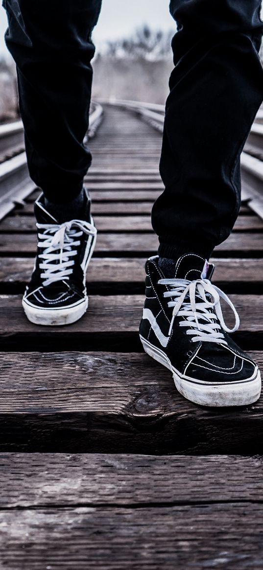 sneakers, railway lines, legs