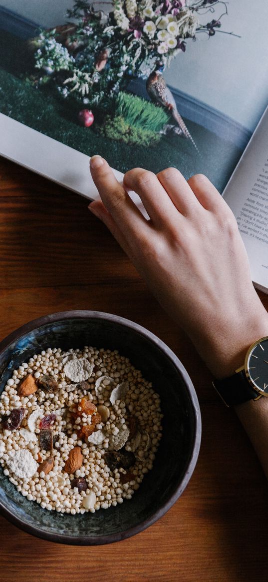 breakfast, oats, tea, magazine