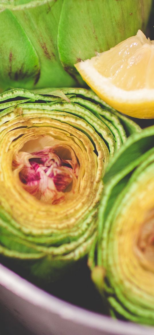 artichokes, lemon, tableware, vegetables