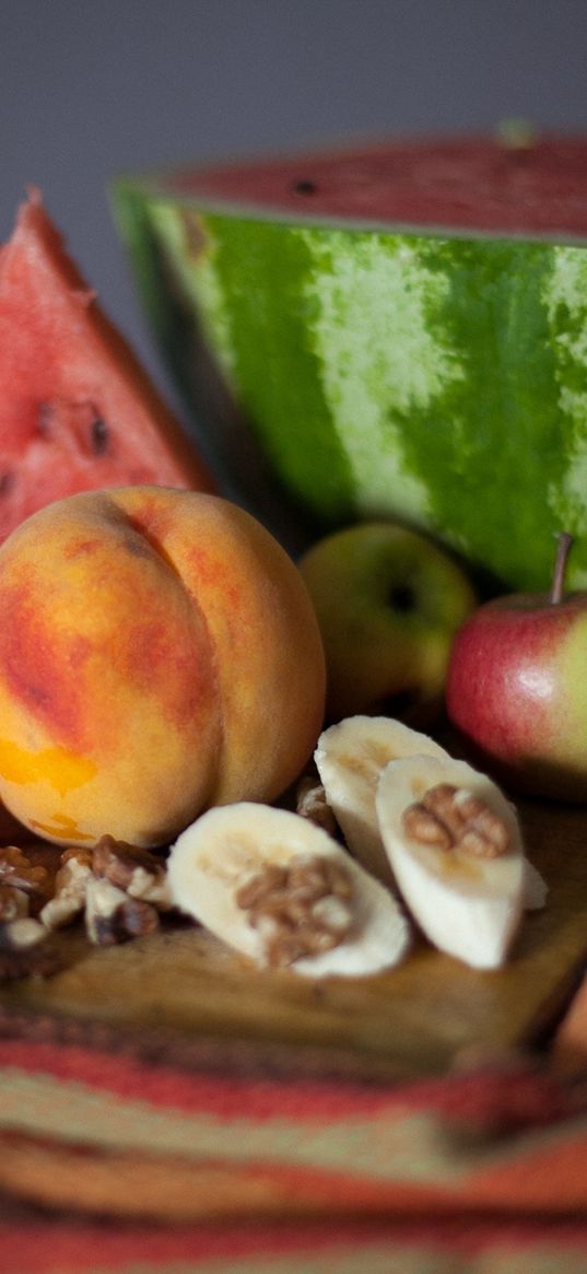 watermelon, peach, apples, bananas, walnuts