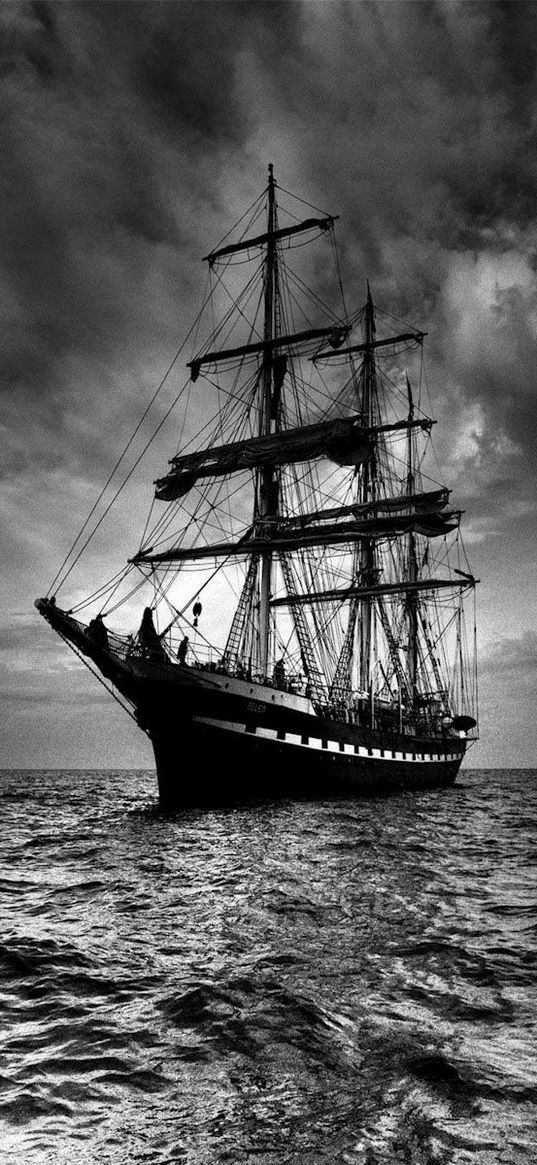 ship, sea, sail, storm, black white