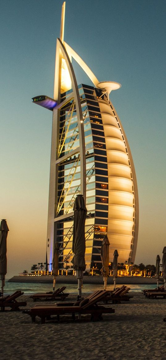 dubai, burj al arab, palm trees, deck chairs, beach