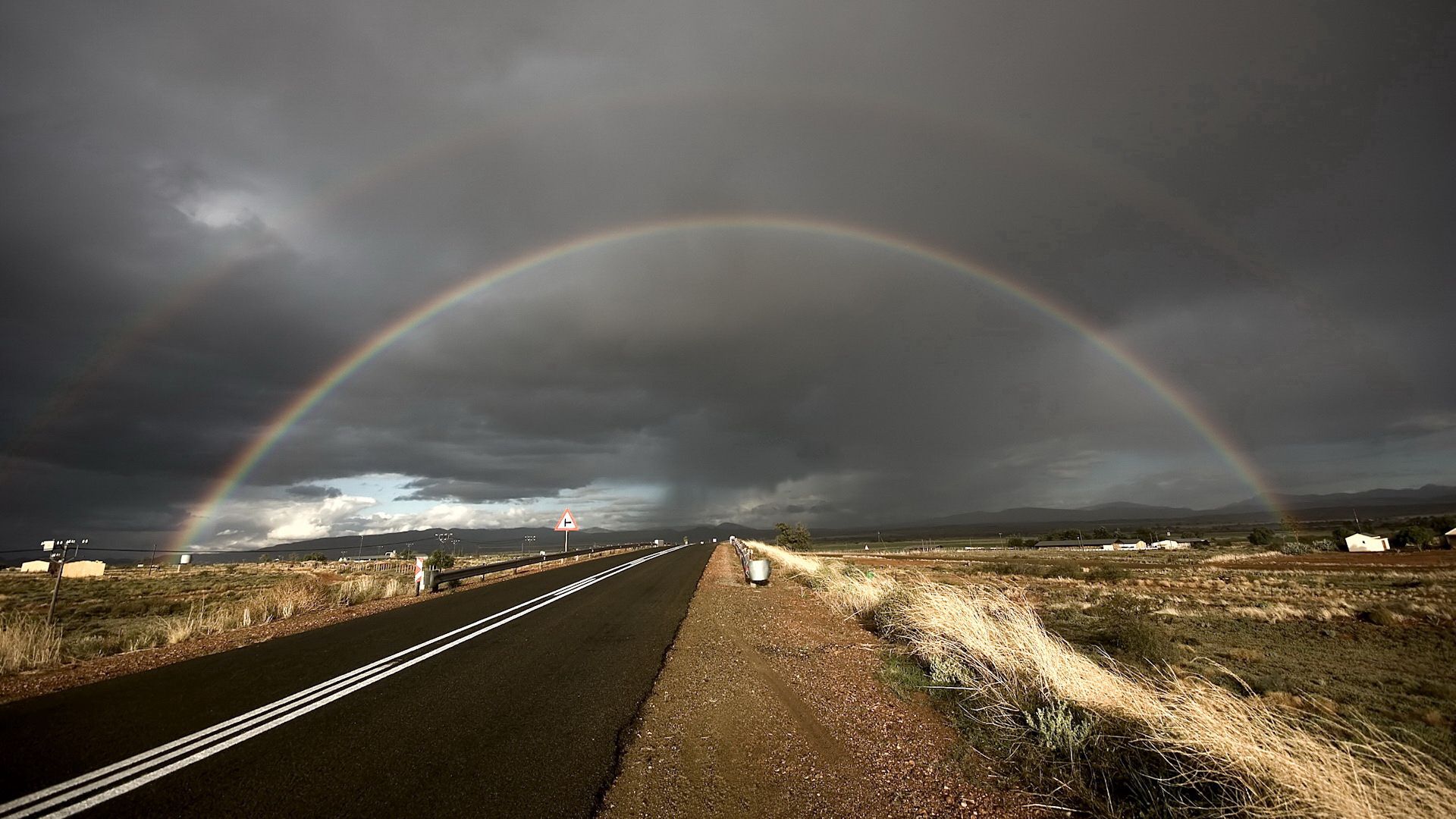 rainbow, road, steppe, asphalt