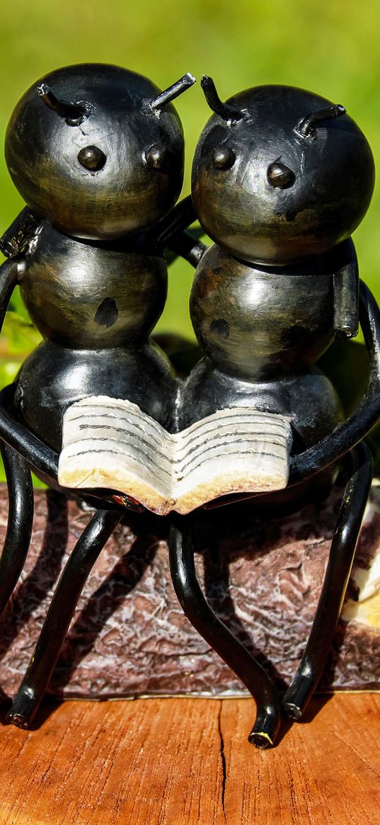 ants, insects, sculpture, bench, couple, book