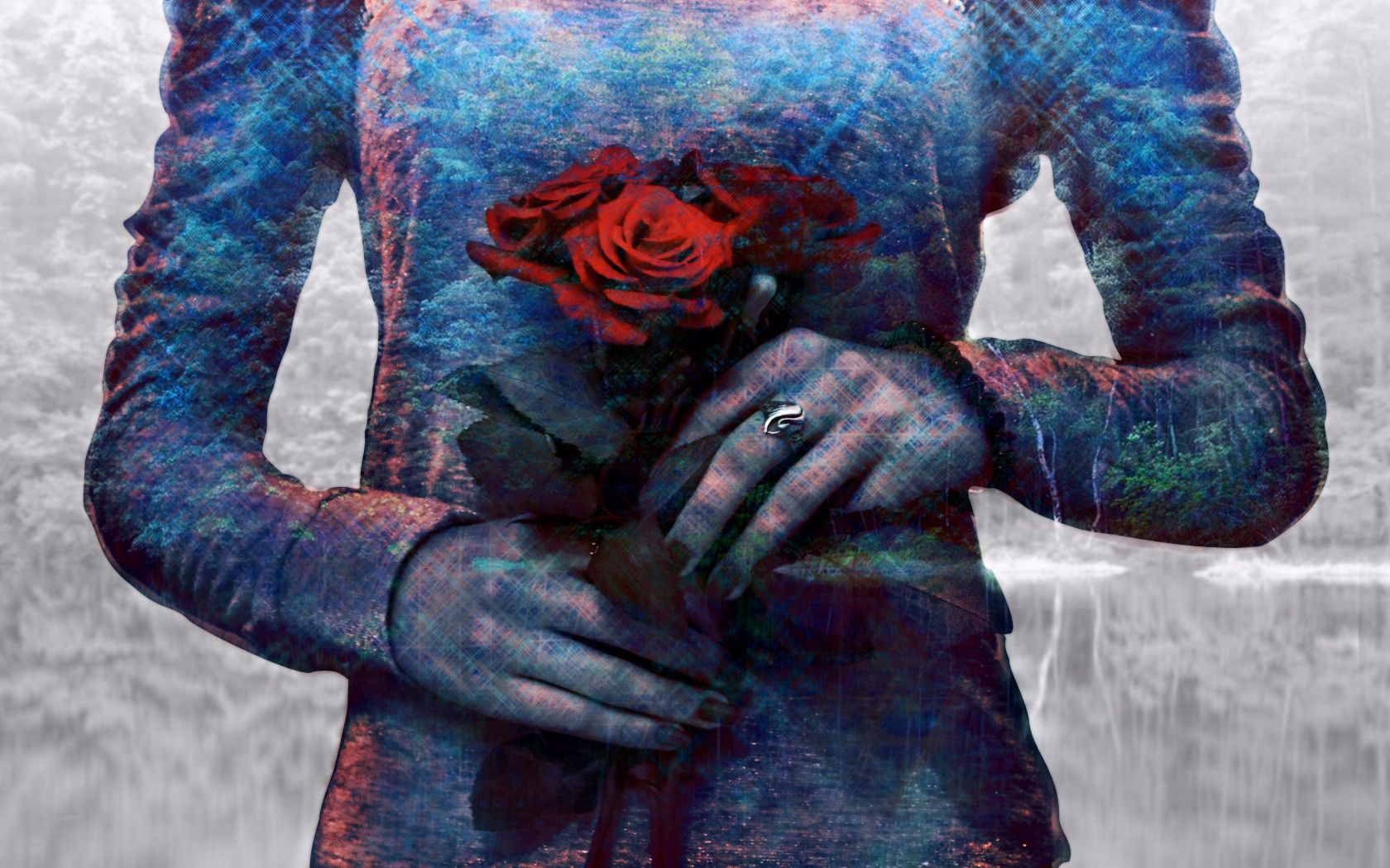 double exposure, girl, photoshop, rose, hands