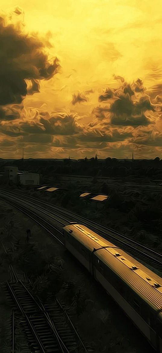 drawing, oil, train, railway, sunset, sky