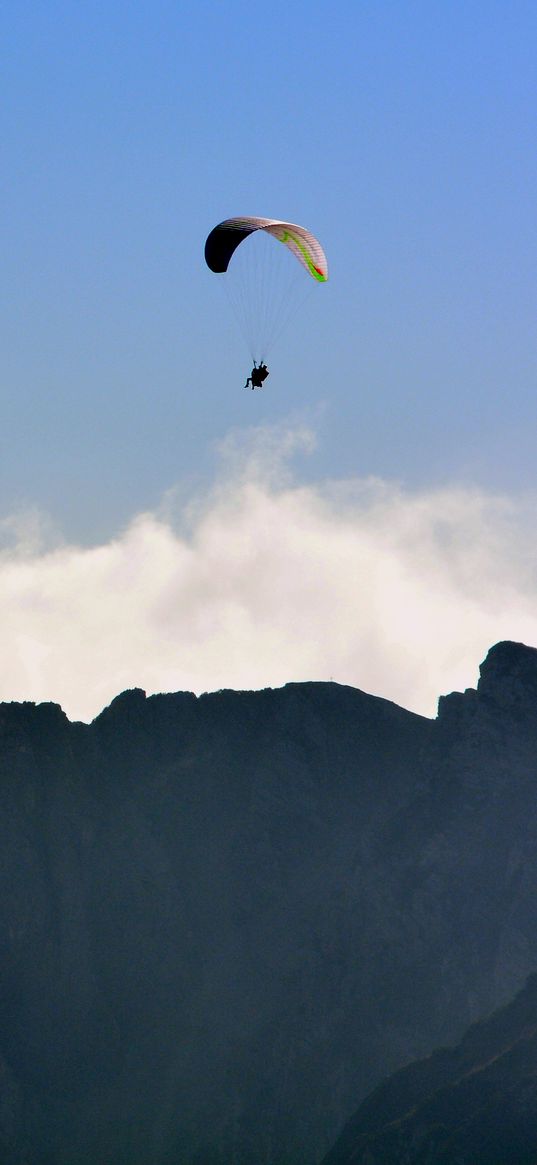 paraglider, flying, sky, mountains, extreme