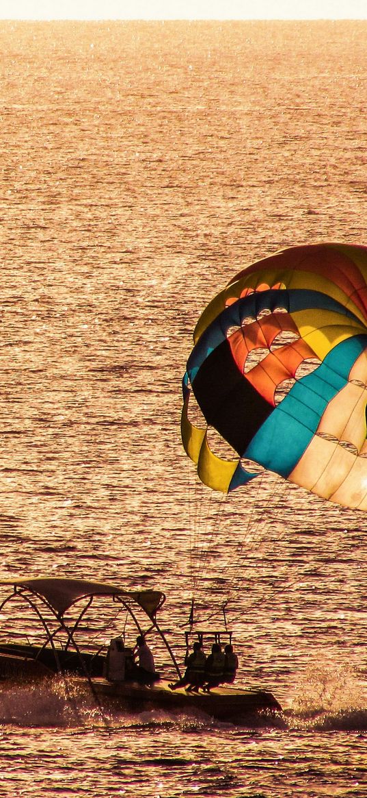 parasailing, paragliding, boat, sea, sunset