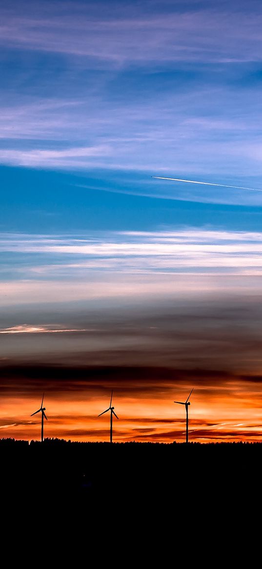 windmills, sunset, skyline, beautiful