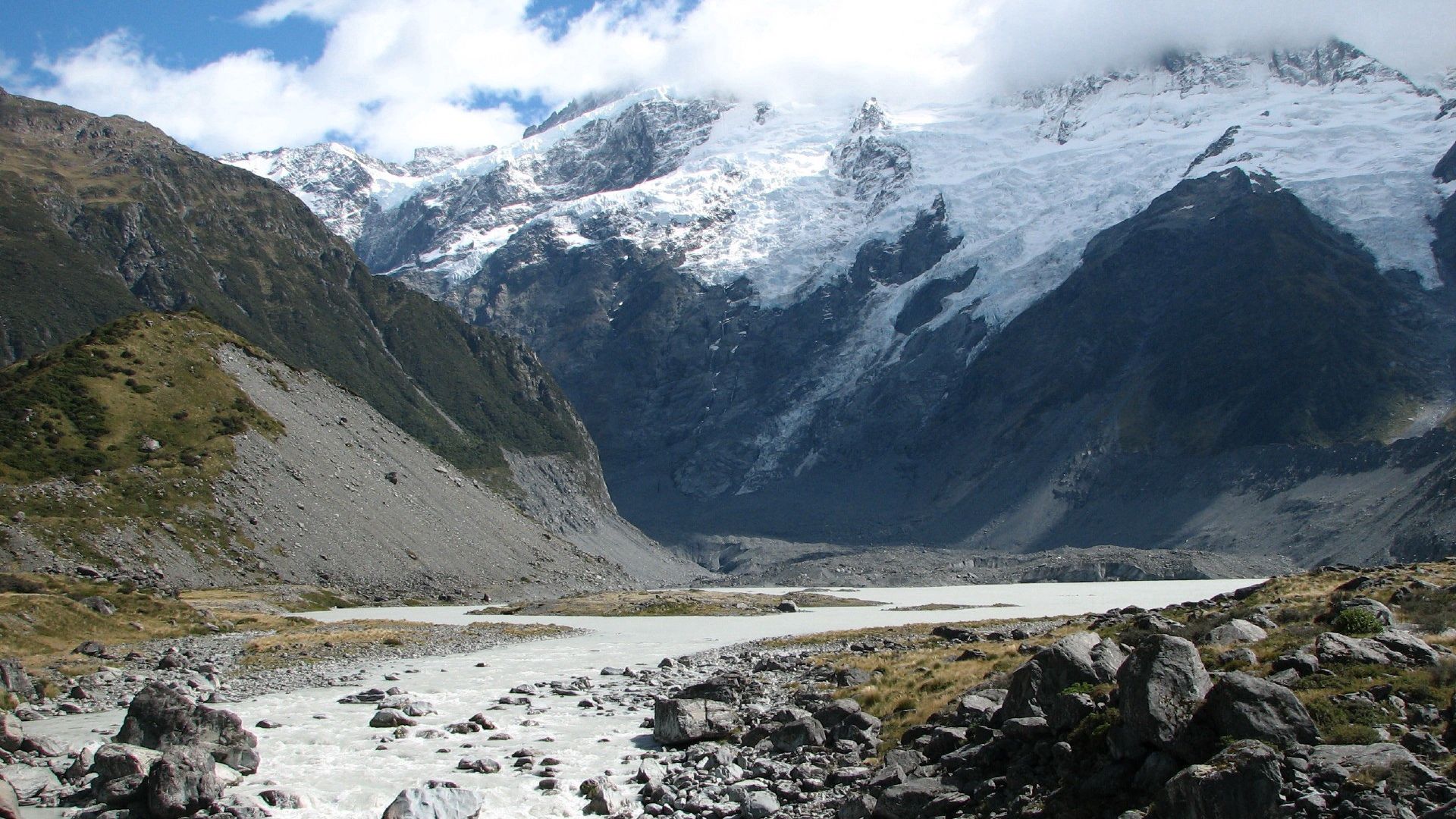 mountains, rocks, river, water, stones, snow, tops