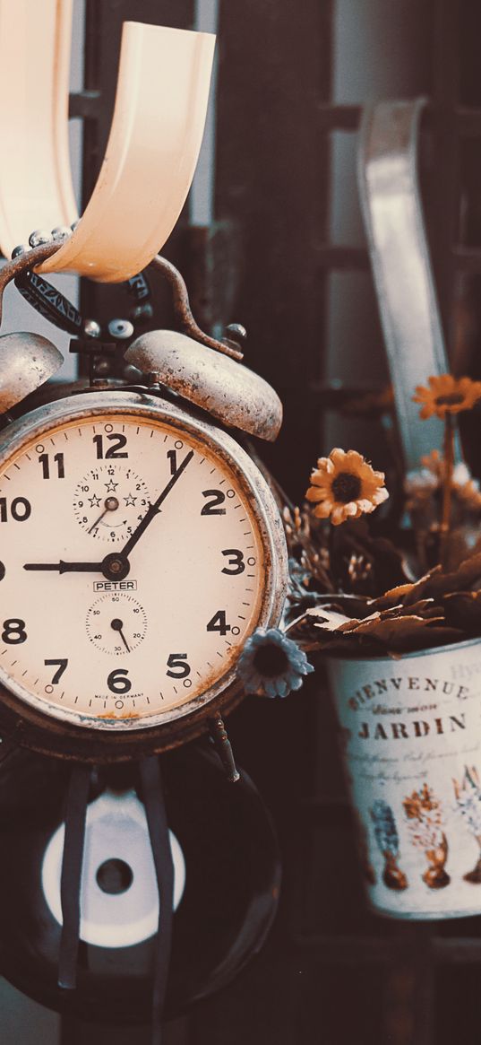 alarm clock, flowers, retro