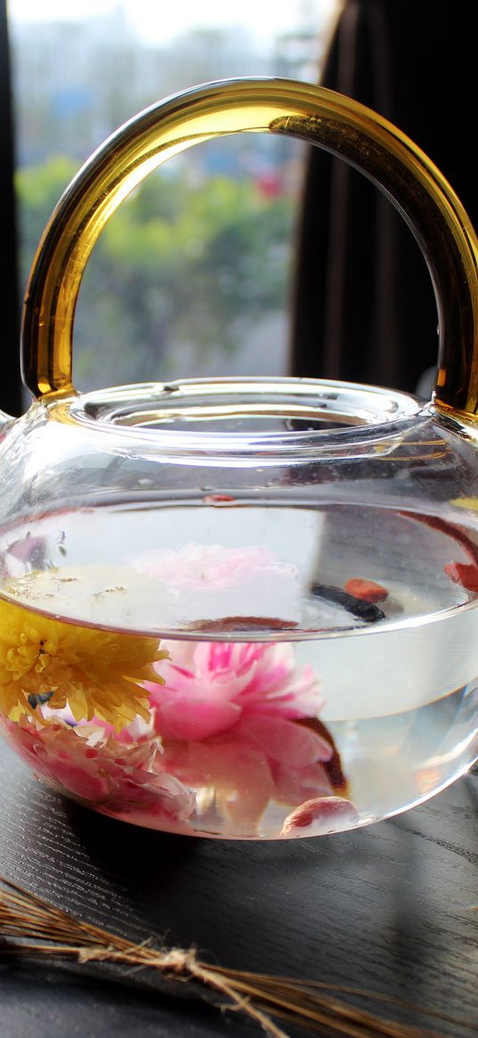 kettle, tea, flowers