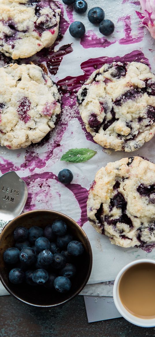 biscuits, pastry, blueberry, coffee