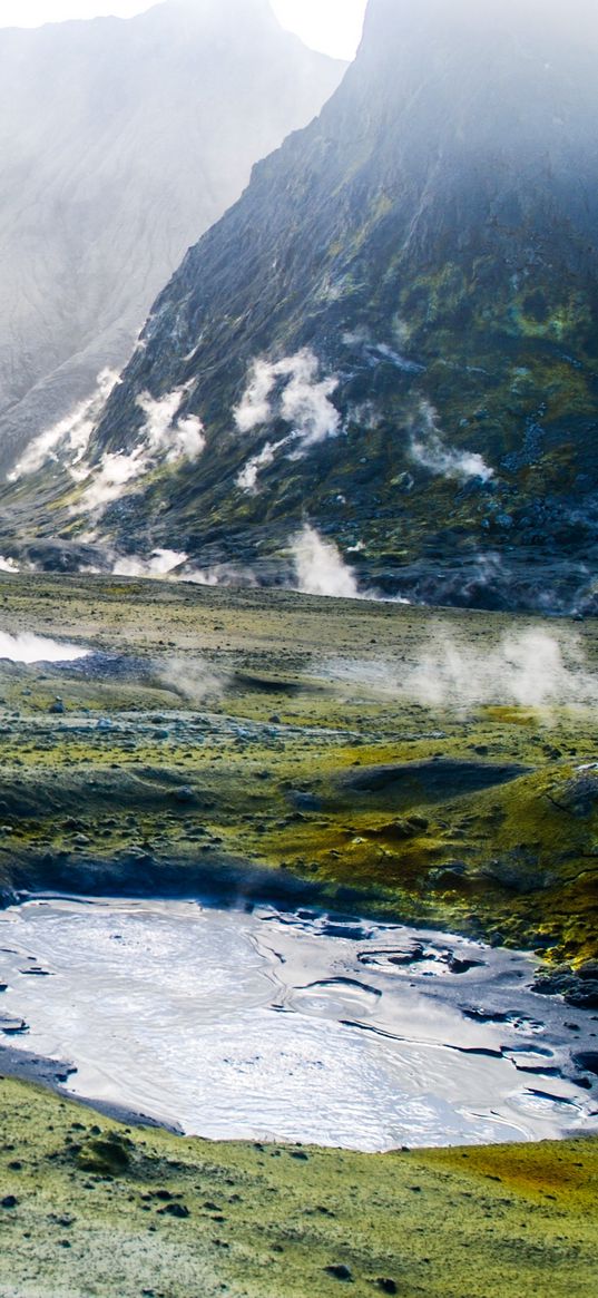 volcano, geyser, mountains