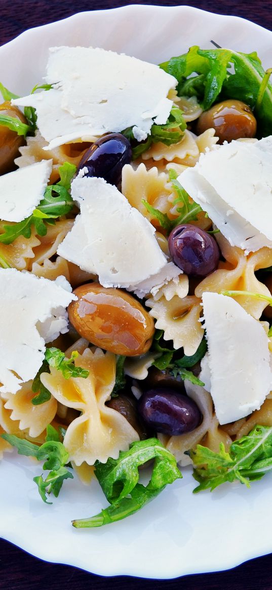 farfalle, olives, cheese, arugula, lettuce