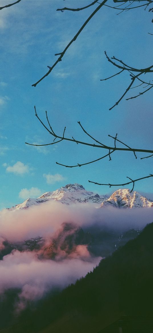 mountains, mist, sky, peak