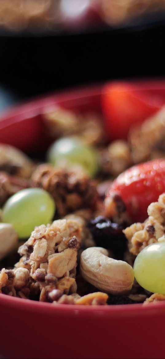 muesli, nuts, grapes, berries, breakfast