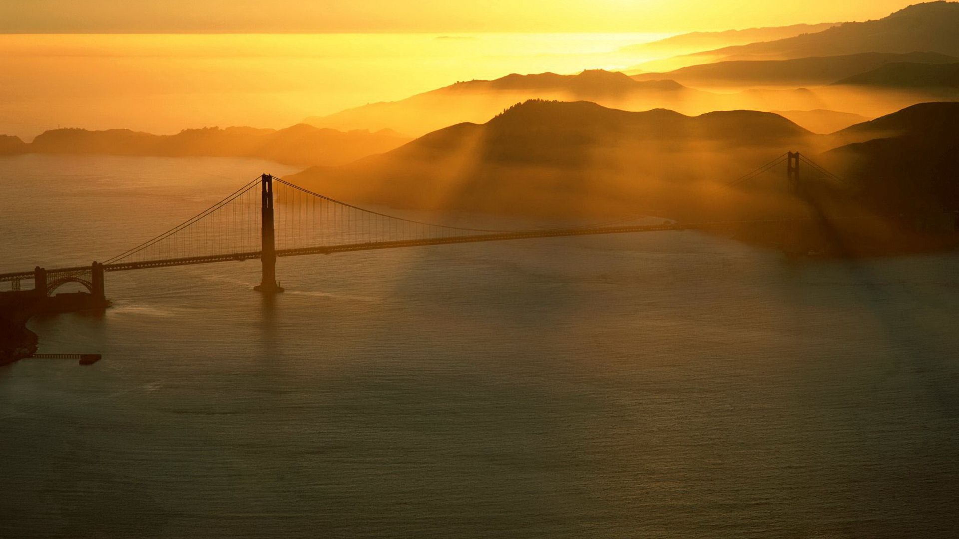 bridge, sun, beams, morning, sea