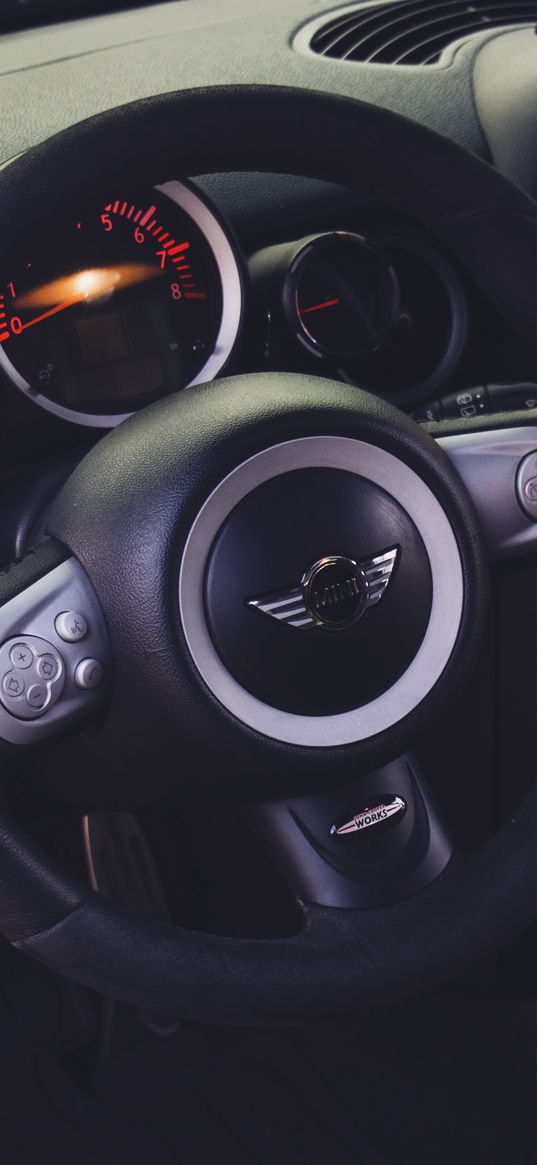 mini cooper, steering wheel, car interior