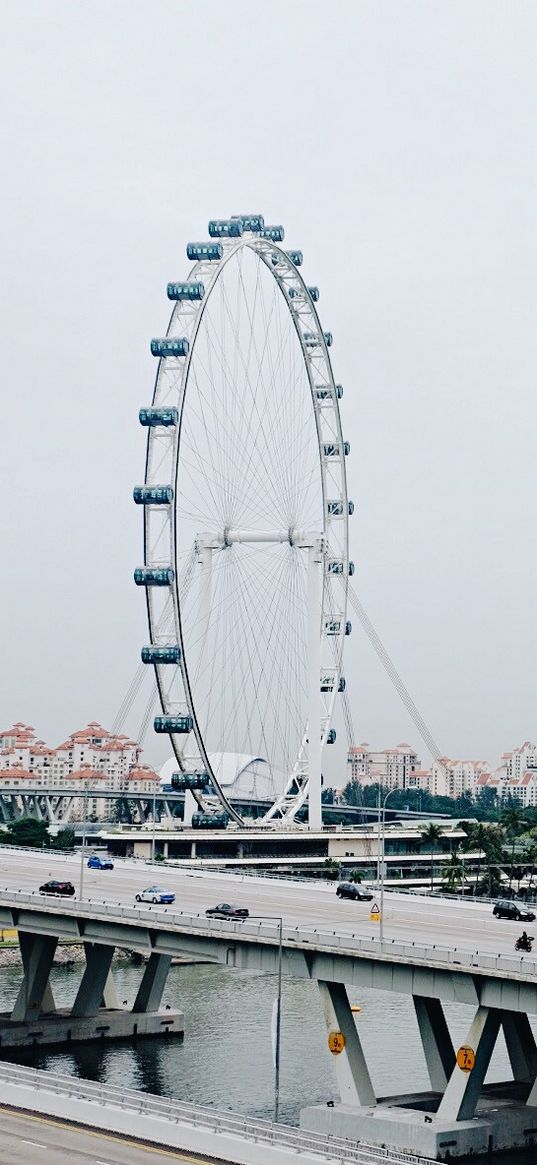 ferris wheel, bridge, highway, river